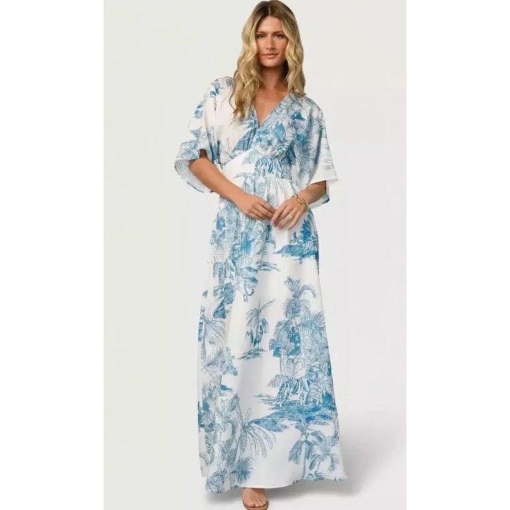 Baltic Born White Maxi Dress with Blue Tropical Print